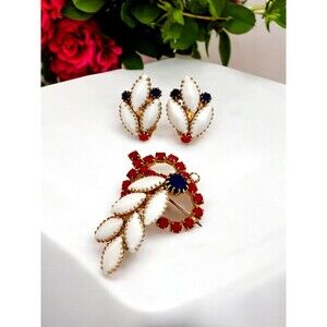 Vintage 1960s Brooch Earring Set Milk Glass Red White Blue Gold Tone Parure - 9V